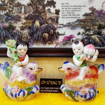 Tượng Tiên Đồng Ngọc Nữ vác trái đào và gậy như ý